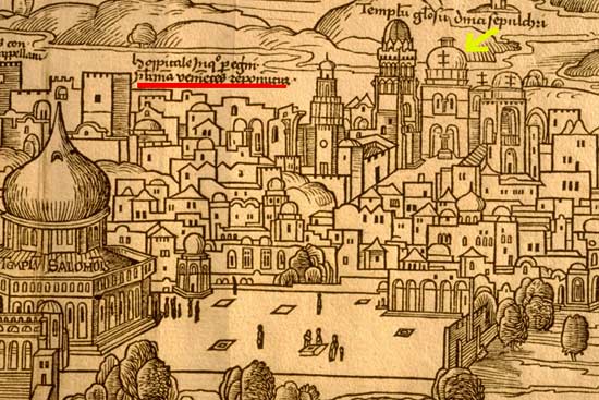 De H. Grafkerk (rechts, aangeduid met gele pijl) en het St.-Janshospitaal (rechts, rood onderlijnd). Bernhard von Breydenbach. Peregrinatio in terram sanctam, 1486.