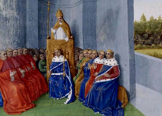 Paus Urbanus II roept op tot een H. Oorlog. Miniatuur. Jean Fouquet, 1455. Parijs, Bibl. Nat.
