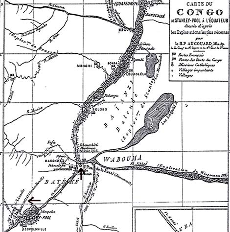 de met pijltje aangeduide missieposten van St.-Paul de la Kasai (Kwamouth) en Brazzaville