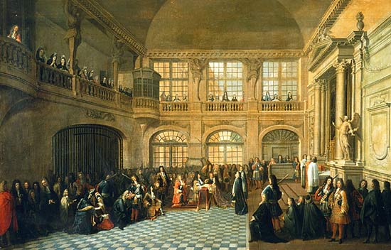 Eedaflegging van de grootmeester van in 1695. (Schilderij van Antoine Peze. Kasteel van Versailles)