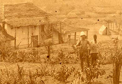 het visserdorp Kinshasa in 1885, dat zal uitgroeien tot Leopoldstad