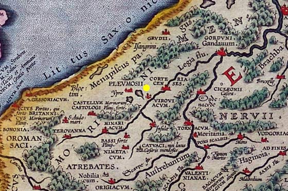 Onze streken in de Romeinse tijd. Moorslede is met gele stip aangeduid. Abraham Ortelius. Kaart (detail), 1594, Belgii Veteris Typus