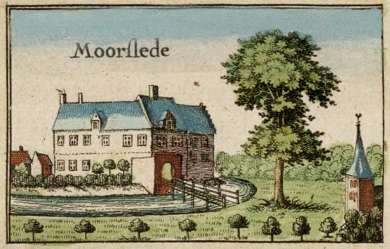 Het kasteel van de Heerlijkheid van Moorslede. J. Blaeu. Kaart, Kasselrij Ieper (detail), 1641.