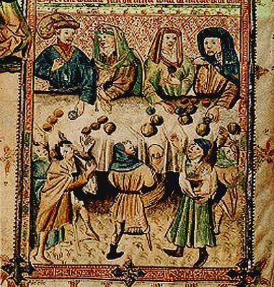 Aan een tafel achterin de kerk delen de dismeesters, na de mis, eten uit aan de armen van het dorp. Miniatuur, 1436