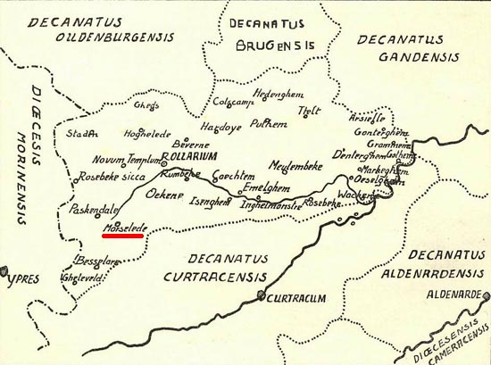 Kaart van het oude decanaat Roeselare, waarvan de parochie Moorslede deel uitmaakte. 