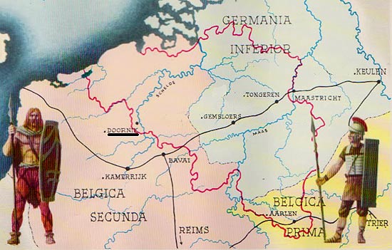De Romeinse provincie Belgica, opgesplist in Belgica Prima en Belgica Secunda