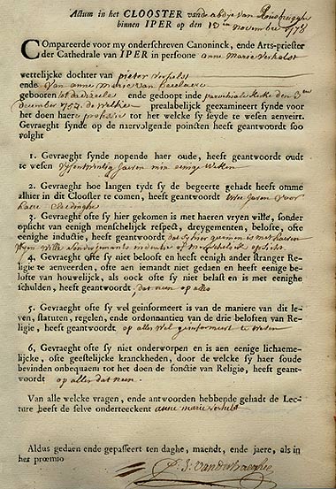 ondervragingsformulier voor de professie van Zr Carolina Verhelst (1778)