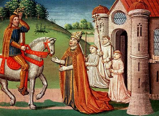 keizer Karel de Grote bezoekt paus Adrianus I. Beiden zorgden voor de verspreiding van het feest van Maria's Tenhemelopneming in het Westen. Middeleuwse miniatuur.