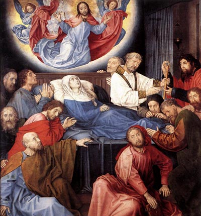 de apostelen verzameld rond het sterfbed van Maria. Hugo van der Goes, 1480. Brugge, Groeninghe Museum