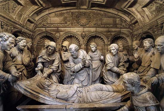 graflegging van Maria door de apostelen. Onbekende beeldhouwer, 1540. Solesmes, de St.-Pierre abdijkerk