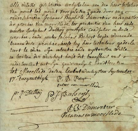 slotparagraaf van het testament van pastoor Petyt, met zijn handtekening en die van de getuigen, o.m. onderpastoor Dumortier
