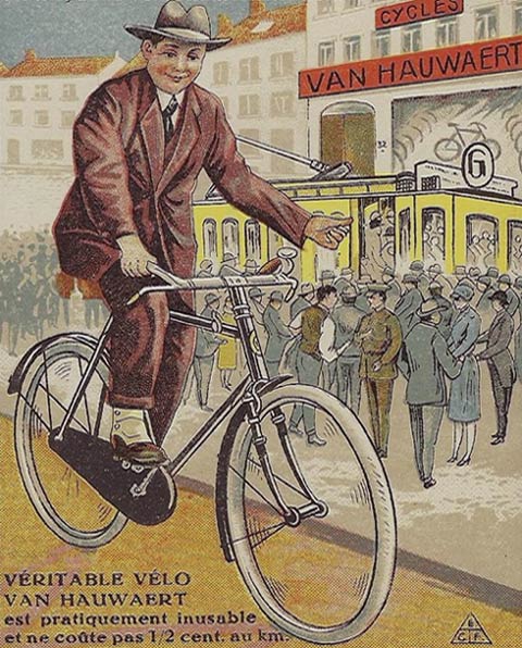 Affiche uit de jaren dertig van de vorige eeuw met reclame voor de 'Vélo Van Hauwaert'