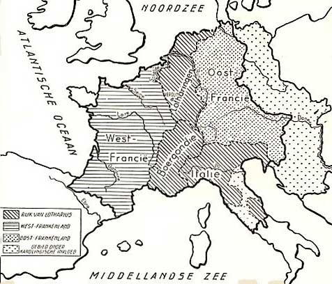 het uiteengevallen Karolingische Rijk na het Verdrag van Verdun (843)