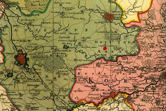 de rode stip duidt ''t Gasthuys ten Bundere' aan op deze kaart van Nicolaes Visscher (1708)
