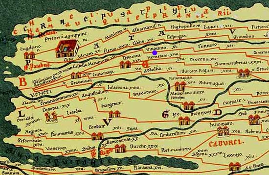 Virovino = Viroviacum = Wervik (zie blauwe stip), op de beroemde Peutingerkaart, een 13de-eeuwse kopie van een Romeinse reiskaart uit de 3de eeuw (Wenen, Nationale Bibbliotheek).